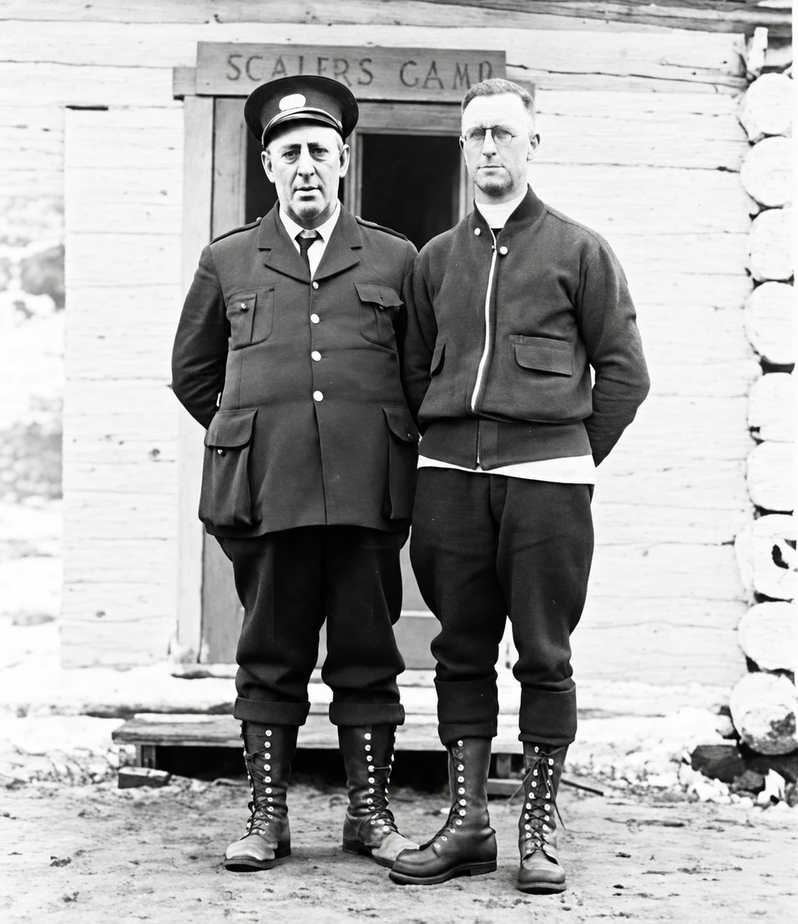 Due missionari davanti a un campo forestale, fotografia d’archivio restaurata